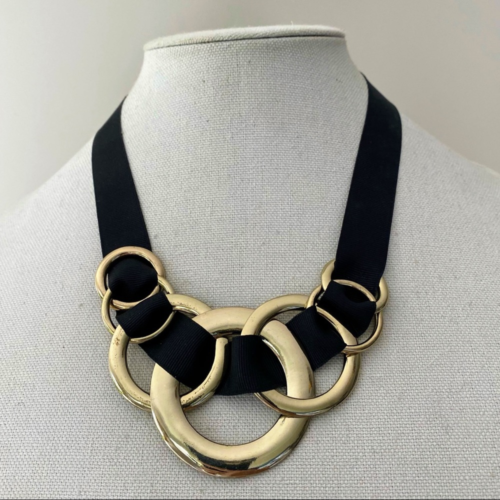 Gold Tone Circles Black Ribbon Statement Necklace